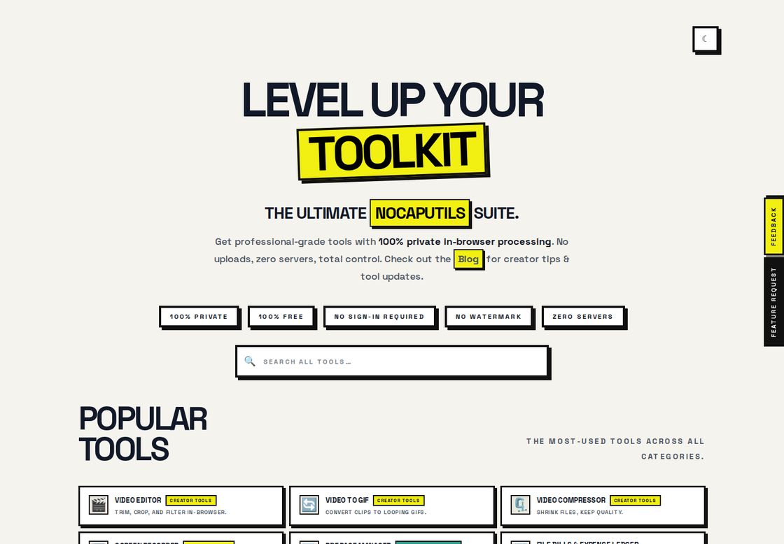 nocaputils homepage, first screen