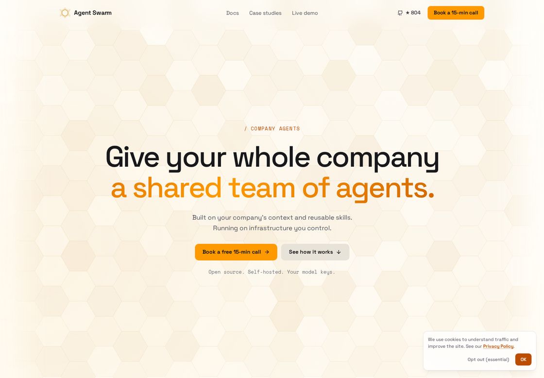 Agent Swarm homepage, first screen