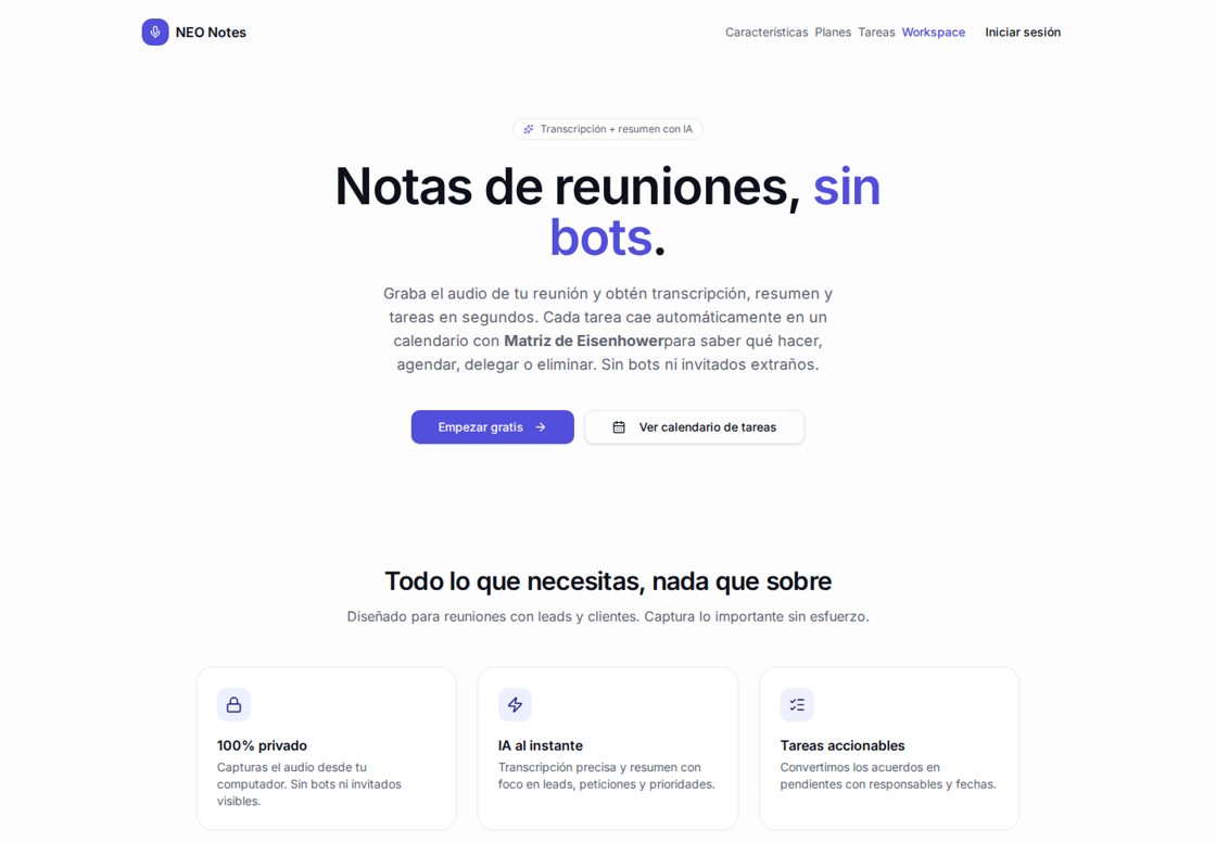NEO Notes homepage, first screen