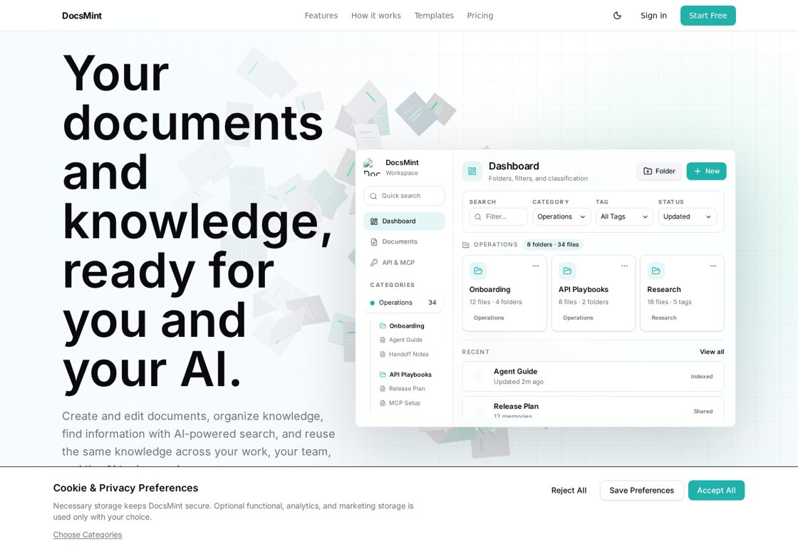 DocsMint homepage, first screen