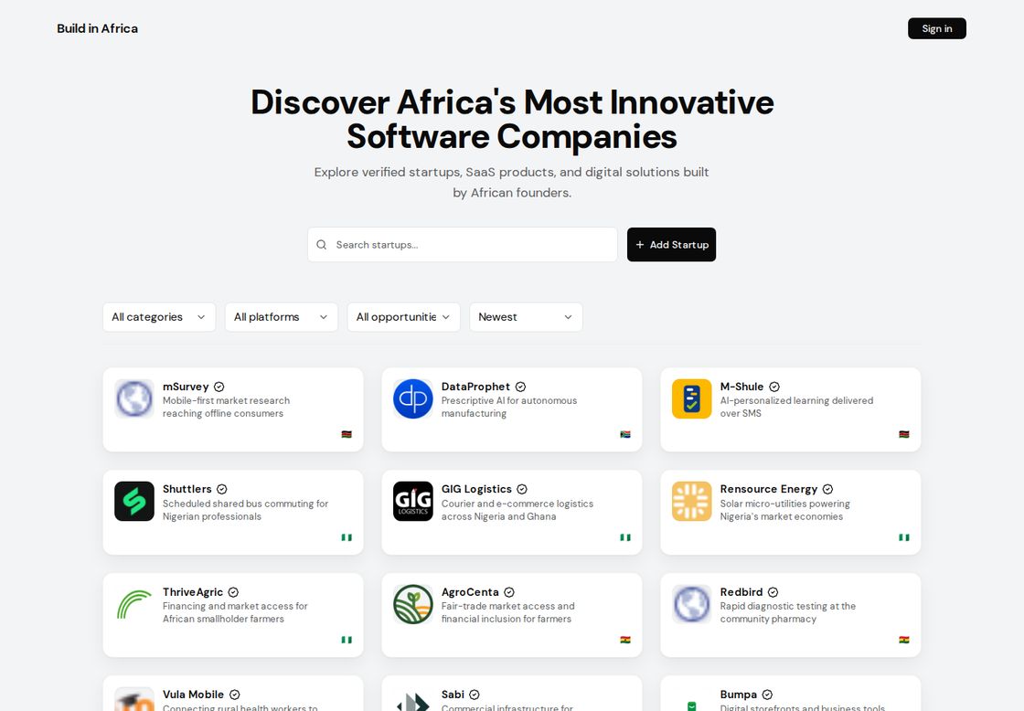 Build in Africa homepage, first screen