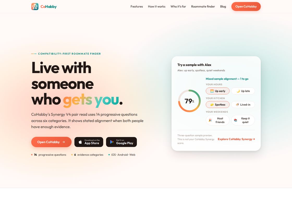 CoHabby homepage, first screen