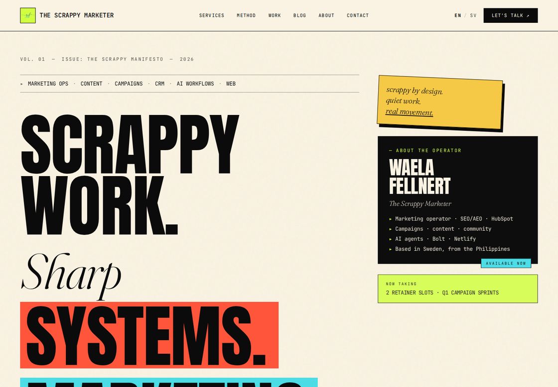 The Scrappy Marketer homepage, first screen