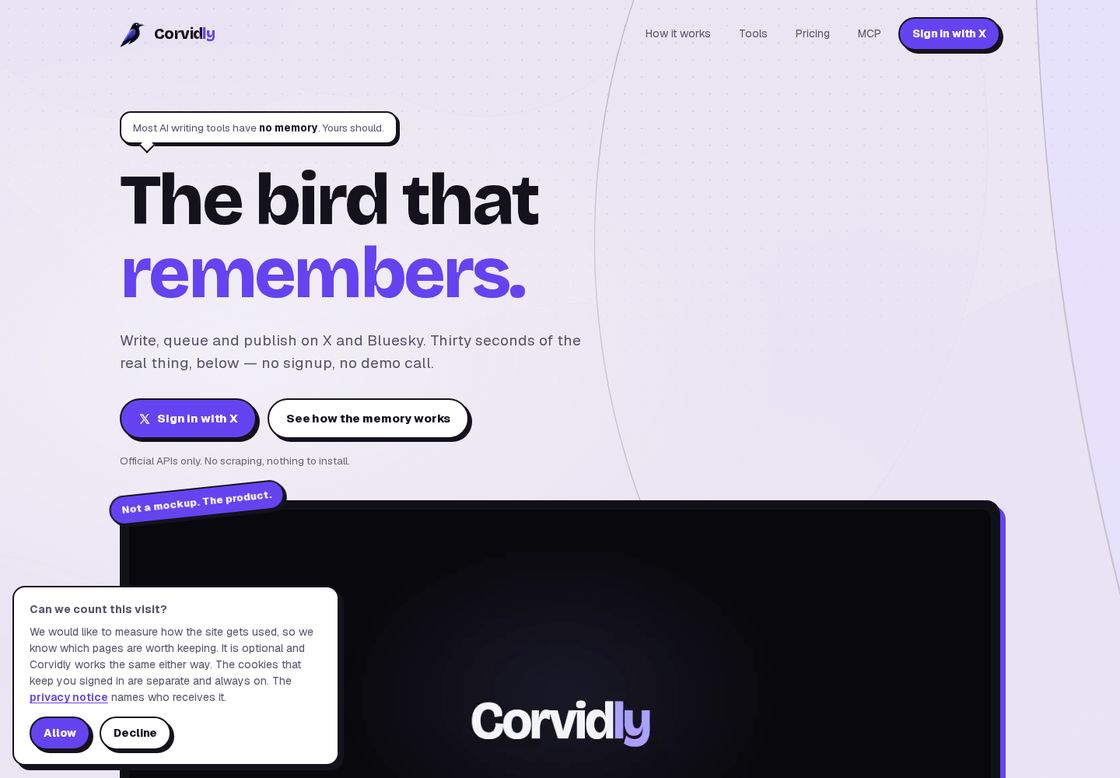 Corvidly homepage, first screen