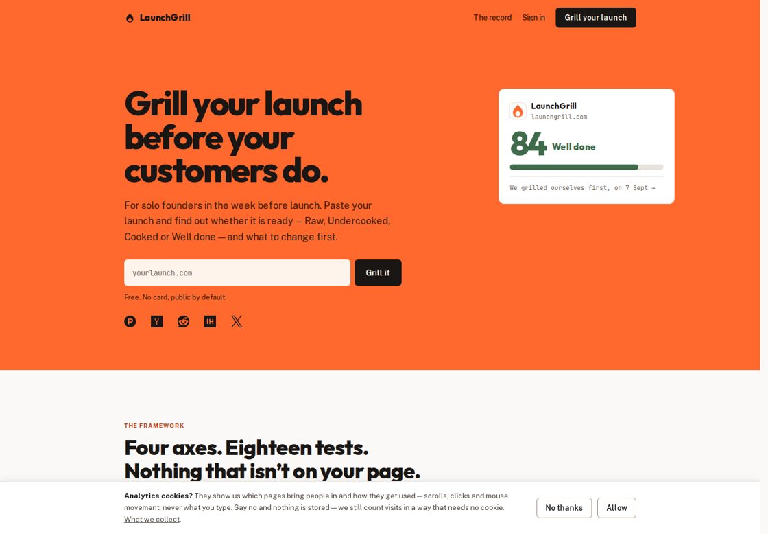 LaunchGrill homepage, first screen
