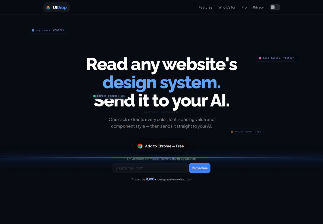 UIDrop homepage, first screen