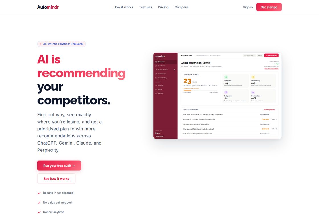 Automindr homepage, first screen