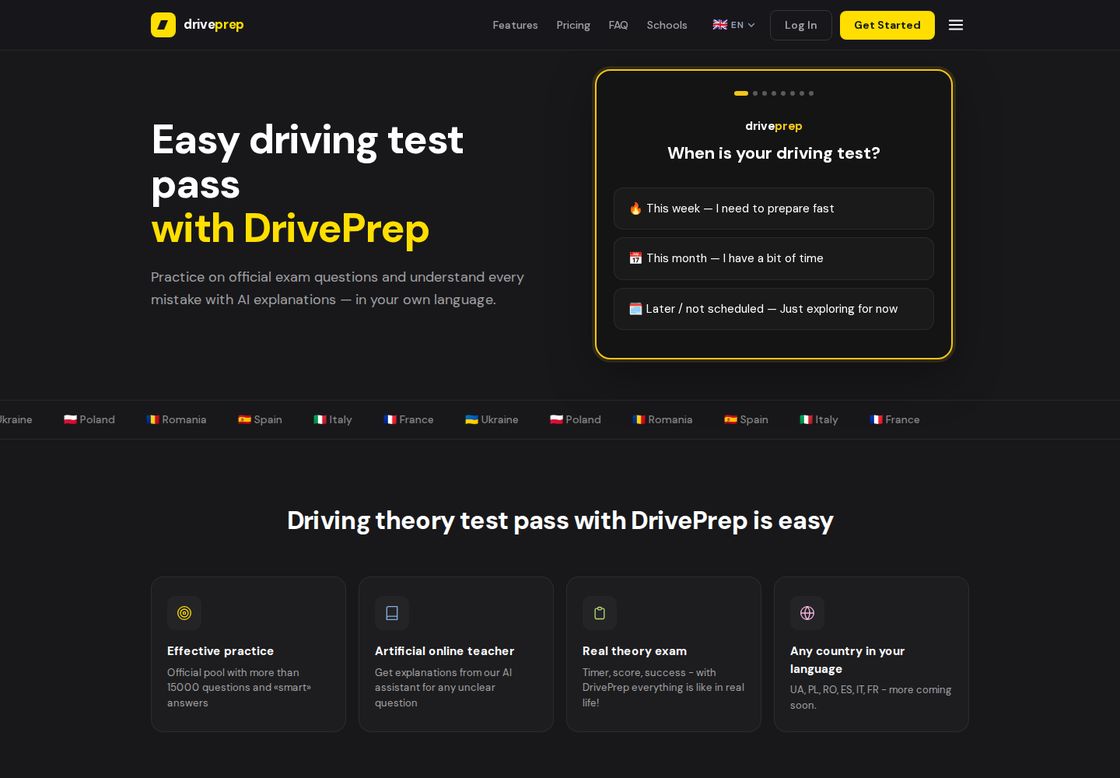 DrivePrep homepage, first screen